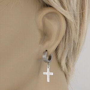 Cross Huggie Earrings Silver Stainless Steel Spiritual Jewelry 3702-04